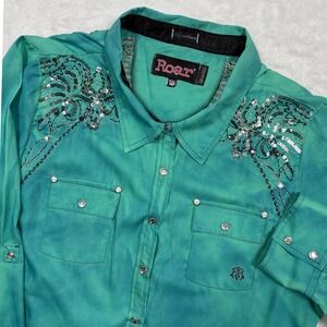 Roar Western Button Shirt Women XXL Teal Blue Tie Over Dye Sequin Rodeo Cowgirl